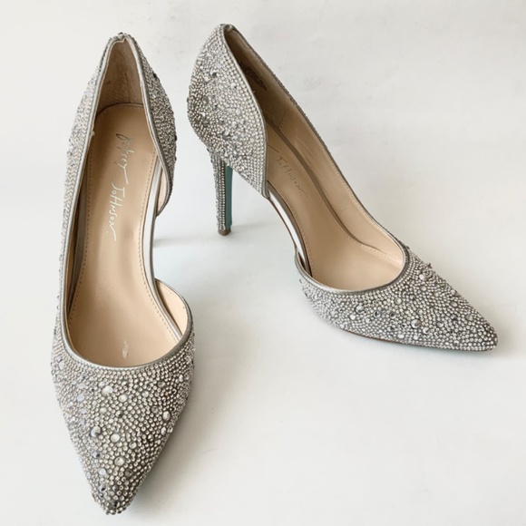 Betsey Johnson Hazil Silver Dress Pumps Stiletto Heels Crystal Evening Shoes 8 - Picture 7 of 13